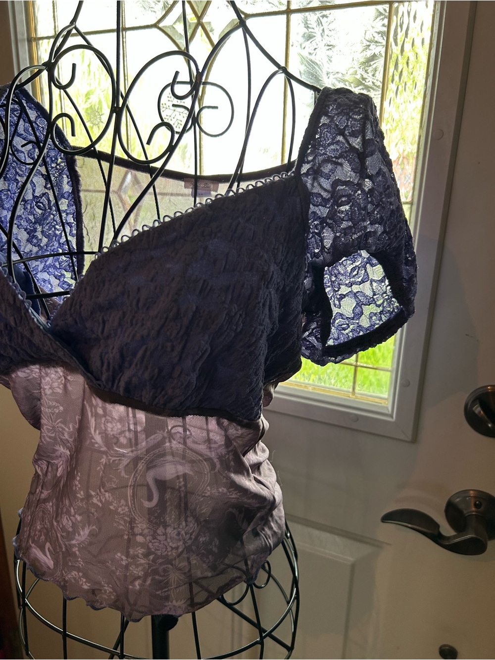 Urban Outfitters Purple Lace & Sheer Short Sleeve Top - Picture 2 of 4